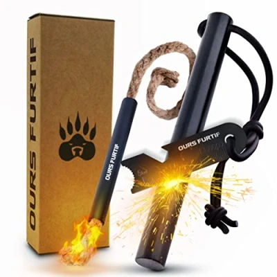 Imagen de Pedernal Supervivencia Profesional Piedra de Fuego XXL Ferrocerio Calidad 12mm 20 000 usos Encendedores + Paracord Bolsa Camping Accesorios, Bushcraft, Rascador Multiusos
