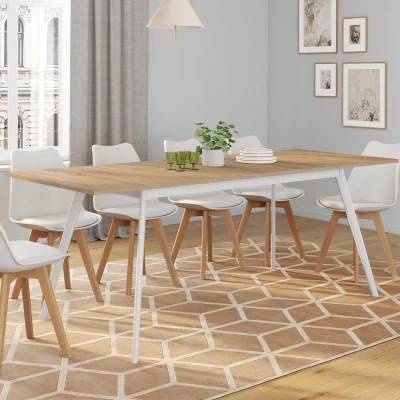 Imagen de IDMarket Mesa escandinava extensible rectangular Inga 6 8 personas, bandeja madera, patas blancas, 160 200 cm
