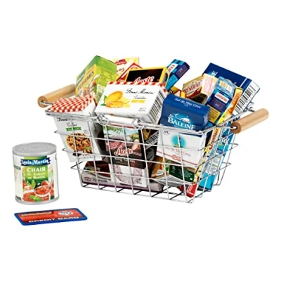 Imagen de Theo Klein 7202 Cesta de la Compra metálica Llena Productos franceses, con envases y Botes para Tienda, Juguete niños Desde 3 años