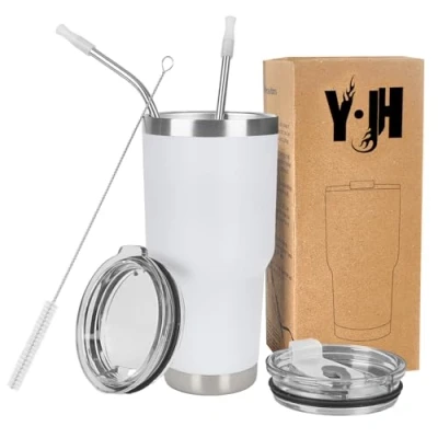 Imagen de Y·JH 30oz (850ml) Taza Termo Cafe Para Llevar Vaso Con Pajita Térmica de Acero Inoxidable Reusable 2 Tapas a Prueba Salpicaduras Pajitas Blanco