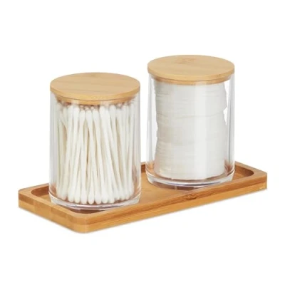 Imagen de Relaxdays Wattestäbchenbehälter Organizador de Maquillaje Doble con Bandeja, 2 Contendores Tapa, Plástico y Bambú, Transparente Natural, 10 x 19 9 cm