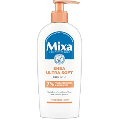 Imagen de Mixa Shea Leche corporal ultra suave, nutritiva intensa, con manteca de karité y glicerina vegetal, para piel seca áspera, 250 ml