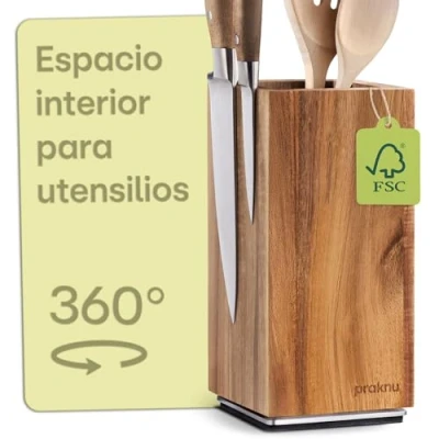 Imagen de Praknu Bloque Cuchillos Magnético Giratorio 360 sin FSC® Madera de Acacia con Espacio para Utensilios Cocina Imán fuerte en ambos lados Antideslizante