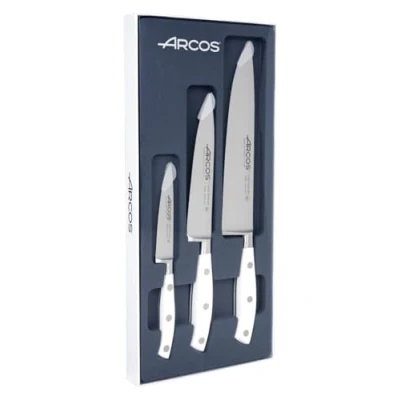 Imagen de Arcos Riviera Blanc Juego de Cuchillos Cocina (Mondador + Santoku Cuchillo Chef) Acero Inoxidable Forjado NITRUM Mango POM Color Blanco