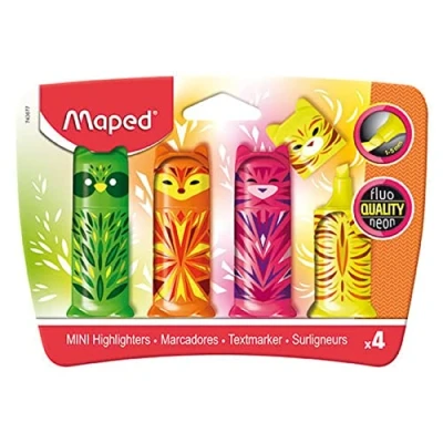 Imagen de Maped Material Escolar Subrayador Mini Cute 4 Subrayadores de Colores Diseño Lúdico Amarillo, Naranja, Verde y Rosa Punta Biselada Trazo 1 a 5 mm