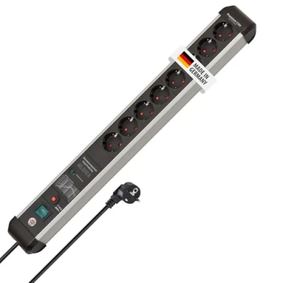 Imagen de Brennenstuhl Premium Protect Line regleta enchufes de 8 Tomas con protección sobretensión (Cable 3 m, Interruptor, hasta 60.000 A, Fabricado en Alemania) Plateado/Negro