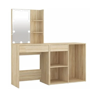 Imagen de vidaXL Tocador con LED y Armario Mueble Mesa Maquillaje Vestidor Joyas Cosmético Espejo Almacenamiento Luces Madera Contrachapada Color Roble