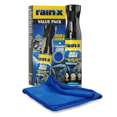 Imagen de Rain X Limpiador y Protector Premium para Salpicaderos Pantallas Fórmula Antihuellas con Recubrimiento Antiestático Vidrio, Plástico Superficies Delicadas + Paño de Microfibra 300 ml