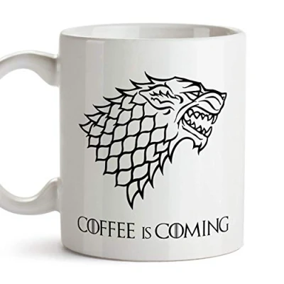 Imagen de TusPersonalizables Taza Parodia de Juego Tronos Game of Thrones Mug Coffee is Coming Escudo la casa Stark