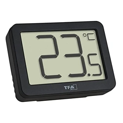 Imagen de TFA Dostmann Termómetro digital 30.1065.01, control de temperatura en interiores, valores máximos mínimos, negro, pequeño y compacto