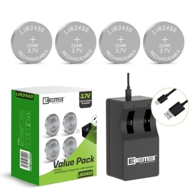 Imagen de batería Recargable LIR2450 Cargador de Iones Litio 2450 con celda Moneda 3,7 V y 120 mAh (Cargador 4 W 1 (Paquete 1))