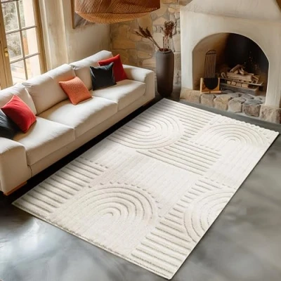 Imagen de Carpetsale24 Alfombra de salón Estilo Bohemio escandinavo con Efecto Alto bajo, Decorativa, fácil Cuidado Crema 280 x 370 cm