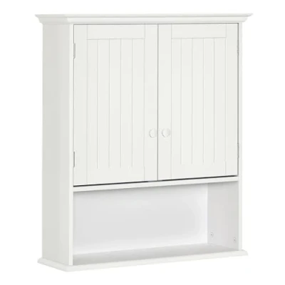 Imagen de kleankin Armario Baño de Pared con 2 Puertas Estante Interior Ajustable y Compartimento Abierto Mueble Auxiliar Suspendido Multiusos para Cocina 60x20x70,5 cm Blanco