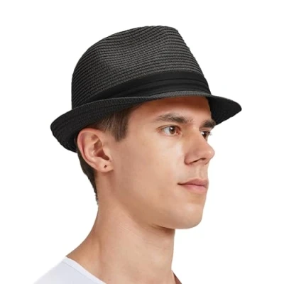 Imagen de Zylioo S/M/L/XL/XXL Sombreros de paja para cabezas grandes, sombrero grande verano playa, sol, ala ancha, vacaciones UV hombres y mujeres, Cubano Negro, M