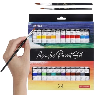 Imagen de int!rend Set 24 Pintura Acrilica + 2 Pinceles 14 Pinturas Acrilicas 18ml Manualidades Niños y Adultos Colores Resistentes al Agua para Pintar Lienzos, Madera, Arcilla Papel