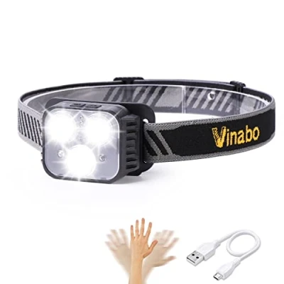 Imagen de Vinabo Linterna Frontal Recargable, Sensor de Movimiento LED Ultra Potente, 6 Modos Luz,IPX4 Impermeable Ajustable y Liviana para Pesca, Camping, Senderismo, Ciclismo, Correr