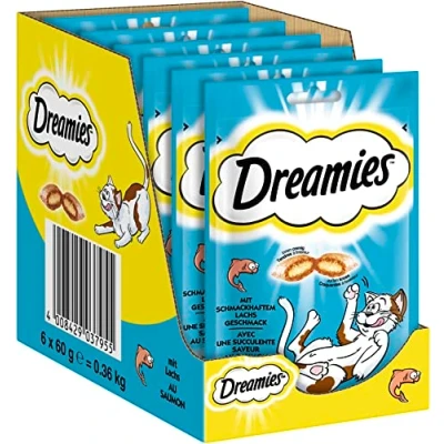 Imagen de Dreamies Clásicos Aperitivos para Gatos con salmón, Bolsillos crujientes de ensueño Relleno Delicado, 6 x 60 g