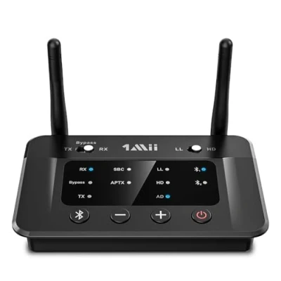 Imagen de 1Mii Transmisor Receptor Bluetooth 5.3 para TV, Adaptador Emisor Audio aptX Baja Latencia &amp;Hi Fi, con Salida/Entrada Óptica/RCA/AUX, Doble Enlace a 2 Auriculares BT, Estéreo, Largo Alcance