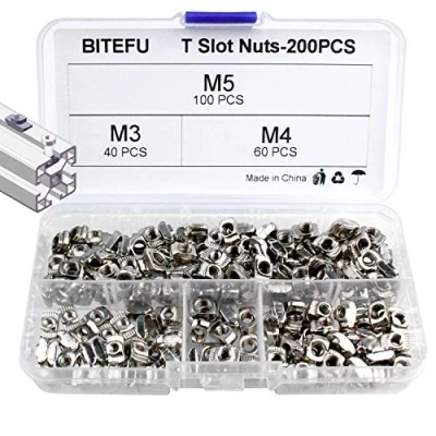 Imagen de Bitefu Juego de 200 tuercas M3 M4 M5 T para ranura, kit tuerca cabeza martillo norma europea, serie 20, perfil aluminio, en deslizante