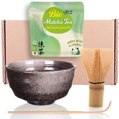 Imagen de Goodwei BIO Matcha Juego de té japonés orgánico Vert con batidor bambú, taza Tazón artístico Caja regalo (Goma, sin Soporte Batidor)
