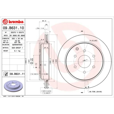 Imagen de BREMBO COATED DISC LINE 09.B631.11 Disco de freno 350 20 6 ventilación interna revestido
