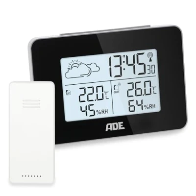 Imagen de ADE Estación meteorológica digital radiocontrolada con sensor exterior temperatura interior y medidor de humedad previsión animada despertador negro