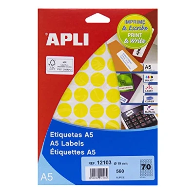 Imagen de APLI 12103 Etiquetas A5 amarillas Ø 19,0 mm 8 hojas