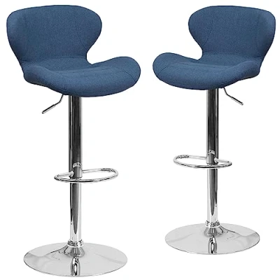 Imagen de Flash Furniture Paquete de 2 taburetes Vinilo contemporáneos Altura Ajustable con Respaldo Curvado y Base cromada, Espuma, Madera contrachapada, Metal, Cromo, Tela Azul, Unidades