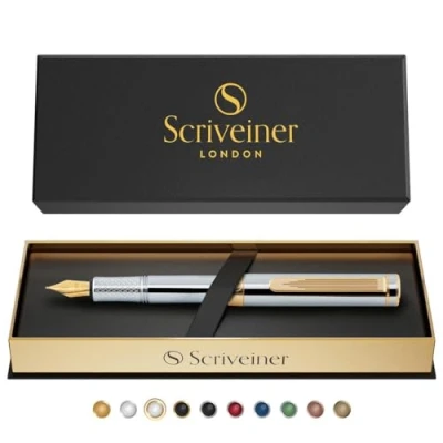 Imagen de Scriveiner Pluma Estilográfica EDC de Lujo (Mediana), Impresionante Pesada Bolsillo Acabado Oro 24K,Plumín Schmidt 18K,Convertidor,Set Escritura Diseño para Regalo