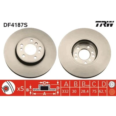 Imagen de TRW DF4187S Disco de freno 332 30 5 120 ventilado barnizado altamente carbonizado BMW: X5, X3
