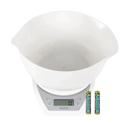Imagen de Salter 1024 WHDR14 Báscula Electrónica De Vertido Doble Con Recipiente Mezclador, Boquilla Ancha/Estrecha 2 L, Mide Líquidos, Funcion Añadir Y Pesar, Pantalla LCD, Capacidad Máx. 5 kg, Blanca