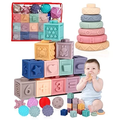 Imagen de Zawaer Juguetes Montessori para Bebé, 25 Piezas Bloques Construccion Cubos Apilables Niños Pelotas Sensoriales Bebe Educativo 6 9 12 Meses/1 2 año