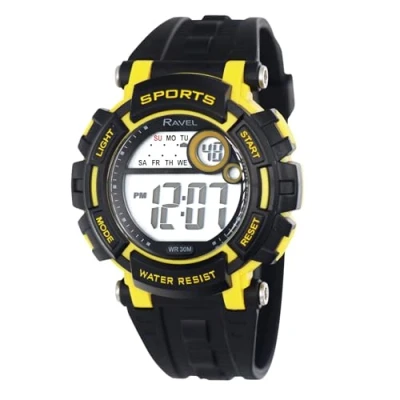 Imagen de Ravel Reloj de cuarzo digital redondo 3 ATM para hombre con luz RDG.141, negro/amarillo