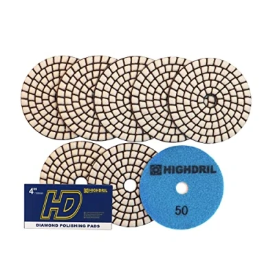 Imagen de HIGHDRIL Almohadillas Pulido Diamante Seco 8piezas #50 Lijado 100MM para Granito Piedra Mármol Suelo Grinder Pulir Almohadilla Kit Taladro, Amoladora, Pulidora