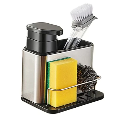 Imagen de CMOISO Organizador Fregadero, Soporte Estropajo de acero inoxidable con dispensador jabón y compartimento almacenamiento para fregaderos cocina o lavado baños