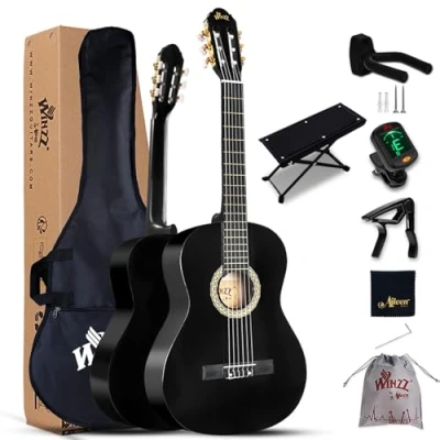 Imagen de Winzz Chitarra Classica 4/4 Starter Kit 39&quot; per Principianti con Poggiapiedi, Parete Ganci Stand, Capotasto, Sintonizzatore, Borsa, Panno lucidare, Chiave inglese 6 Corde in Nylon, Nero Lucido