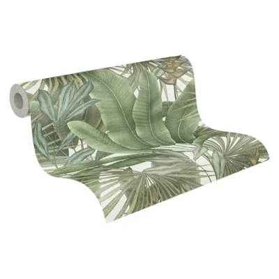 Imagen de Livingwalls papel pintado jungla 396472 en verde, crema con aspecto de floral hojas palmera alta calidad 10,05m x 0,53m