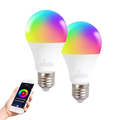 Imagen de LED ATOMANT Pack 2x Bombilla Inteligente WiFi E27 8W RGB+CCT (Blanco Calido, Neutro y Frio), Regulable, Equivalente a 90W tradicional, Compatible con Alexa Google Home