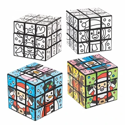 Imagen de Baker Ross FC171 Cubos de Rompecabezas Navideños para Colorear Paquete 4, Juguetes Rompecabezas, Rellenos Calcetines Niños, Manualidades Navideñas Niños