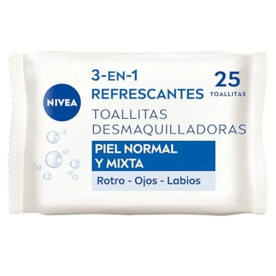 Imagen de NIVEA toallitas Desmaquilladoras Refrescantes (1 x 25 ud), desmaquillantes para piel normal y mixta, húmedas rostro, ojos, labios cuello