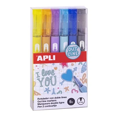 Imagen de APLI 18931 Pack de 6 rotuladores Out Line doble línea Interior metalizado y borde color del rotulador