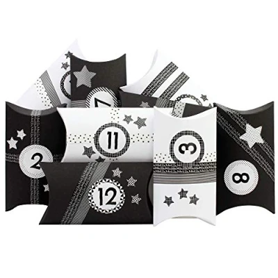 Imagen de Papierdrachen 24 cajas Pillowbox del Calendario de Adviento con Washitape y pegatinas números en blanco negro cartón forma almohada para rellenar diseñar individualmente