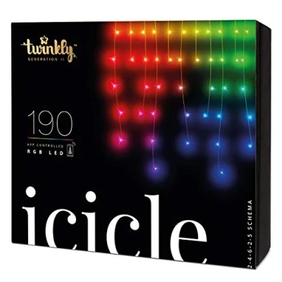 Imagen de Twinkly Icicle 190 LED RGB, luces en cascada para exteriores e interiores, inteligente compatible con HomeKit, Alexa, Google Home, IP44, control de aplicación, cable transparente, 5,5