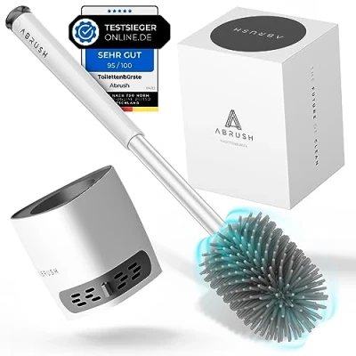 Imagen de Abrush Escobilla de baño silicona con cabezal cepillo goma suave, higiénico, incluye soporte pared sin taladrar, flexible para inodoro