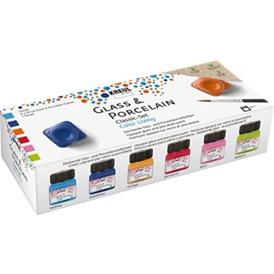 Imagen de KREUL 16604 Glass &amp; Porcelain Classic Set Color Living, 6 x 20 ml de pintura y un pincel, alegres brillantes pinturas al agua para vidrio porcelana
