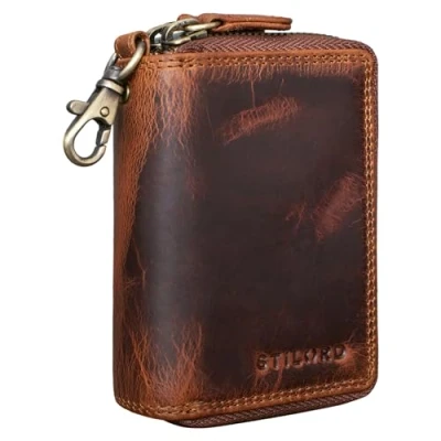 Imagen de STILORD &#039;Amell&#039; Estuche de Cuero para Tarjetas con Llavero 2 en 1 Mini Cartera y Llaves Compartimento EC Protección RFID Genuino, Color:Kara Cognac