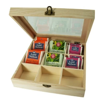 Imagen de Incutex Caja para Té de Madera, Organizador Tepas, Contenedor con 9 Compartimentos y Tapa Transparente Almacenar Tepas Individuales, Marrón Claro