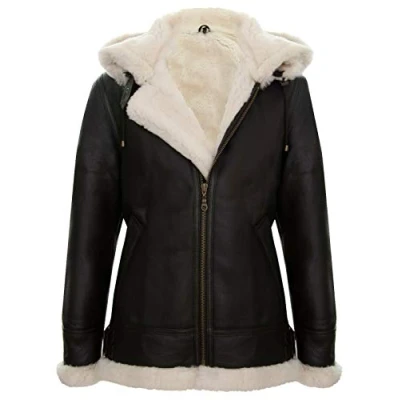 Imagen de Chaqueta para Hombre con Capucha Marrón Crema y Piel de Oveja Cuero Genuino Estilo Aviador B3 S