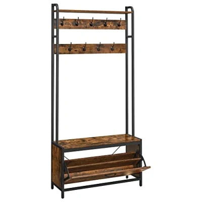 Imagen de VASAGLE Perchero Zapatero, Recibidor, con Banco 9 Ganchos, Estante Superior, Pasillo Dormitorio Salón, Estilo Industrial, Marrón Rústico y Negro HSR405B01