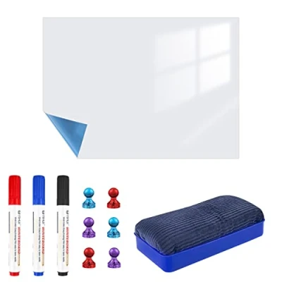 Imagen de Relota Pizarra Blanca Magnética 60 X 90cm, Tablero Magnetico Adhesiva de Borrado en Seco con 4 Rotuladores Blanca, Borrador, Iman, para Memorandos, Notas, Menús, Planificar Estudios